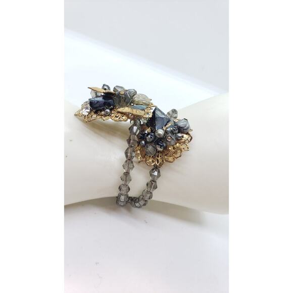 Vintage Bracelet Wrap Around Glass Bead Rhinestone Filigree Haskell Style 1950s - Picture 2 of 12